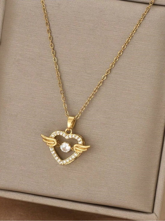 Anthropologie Jewelry - Gold Heart Clear Crystal Wing Pendant Necklace.